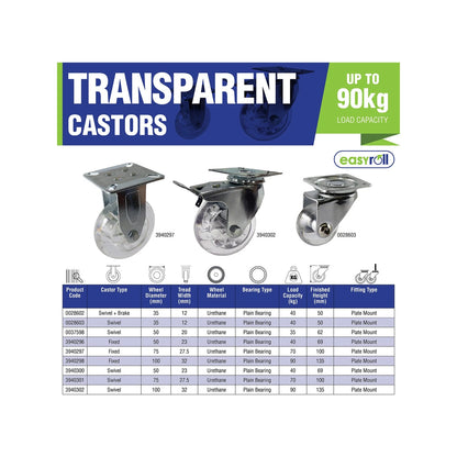 Easyroll 100mm Transparent Polyurethane Fixed Plate Castor 90kg Load Capacity