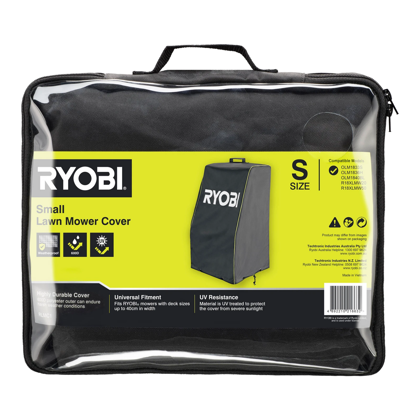 Ryobi Lawn Mower Cover, Water-Resistant, UV Protection, Universal Fit for 40cm Deck