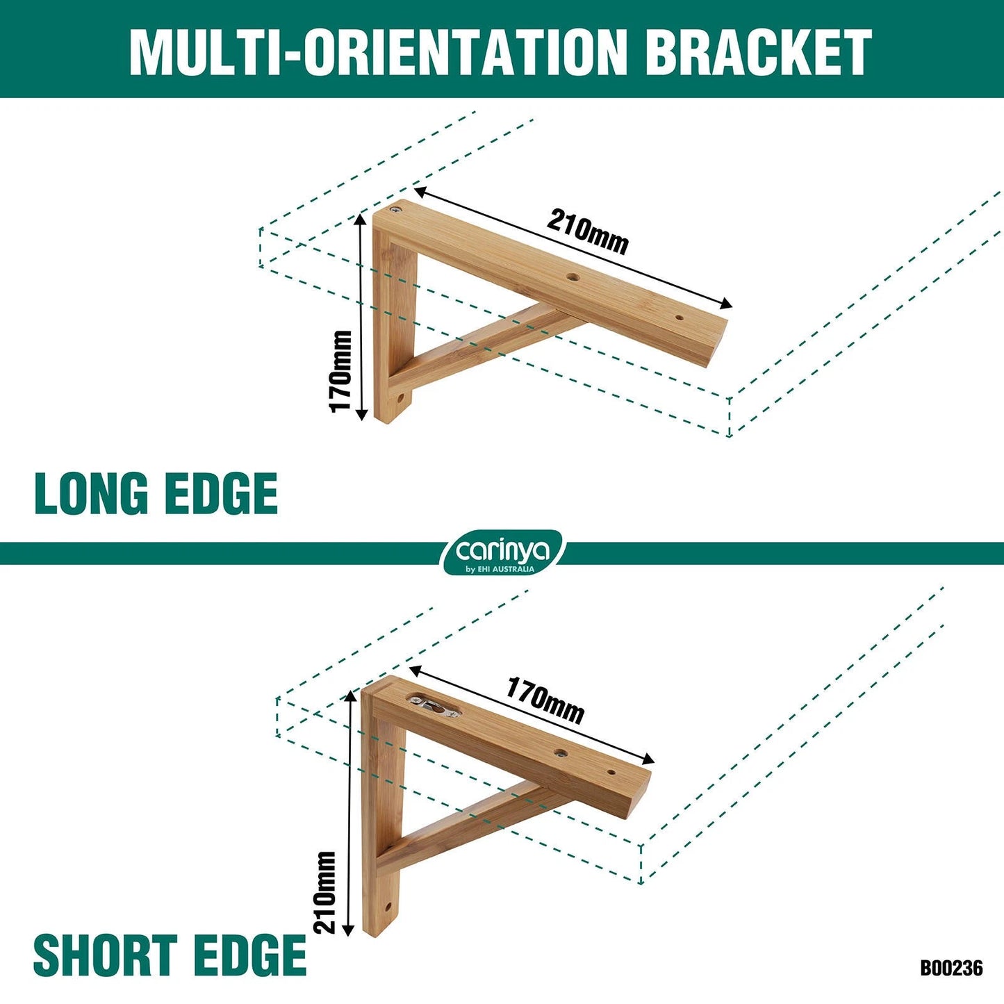 Carinya Bamboo Stayed Bracket 210x170mm, Varnished, 30kg Capacity, Indoor Wall Mount