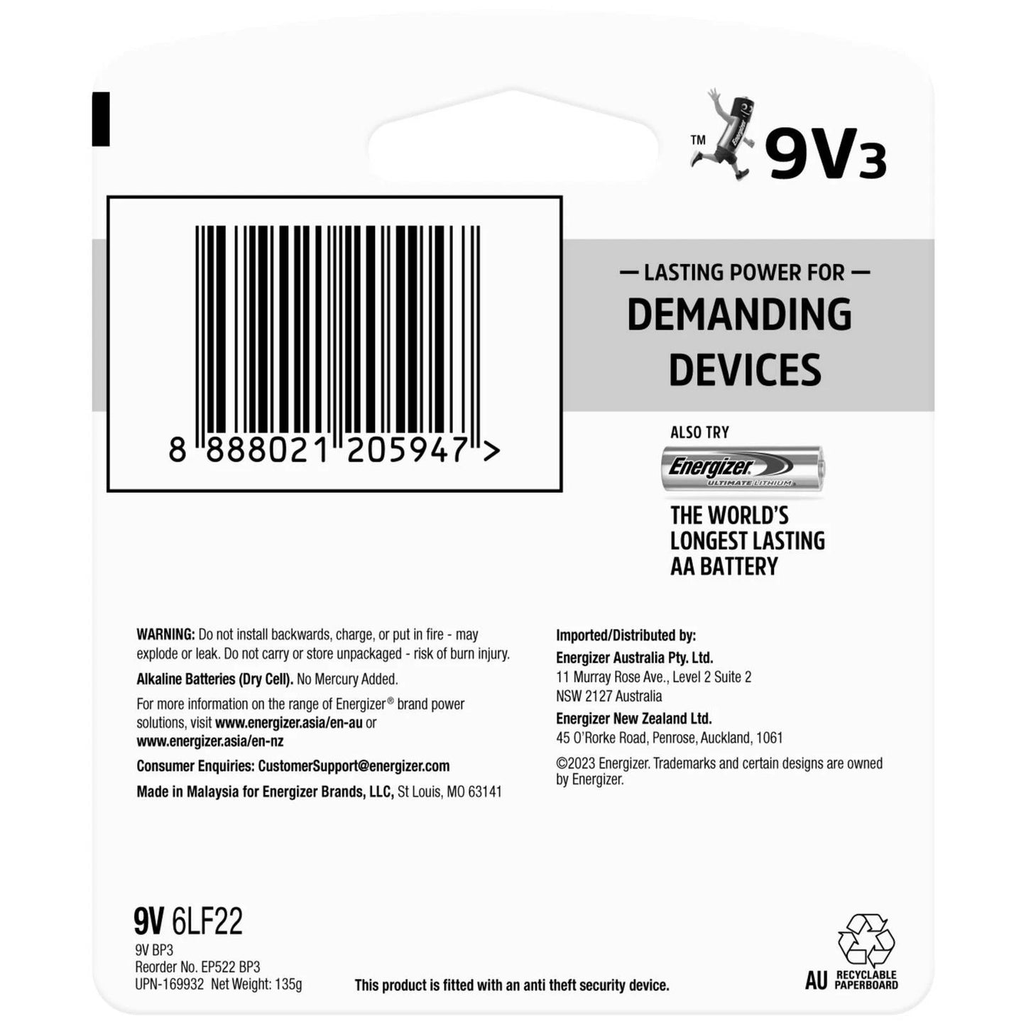 Energizer 9V Max Plus Batteries 3-Pack, Long-Lasting Alkaline for Smoke Alarms & Electronics