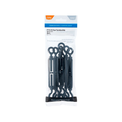 Taskmaster 6mm Black 316 Stainless Steel Turnbuckle Hook and Eye – 6 Pack, Marine Grade