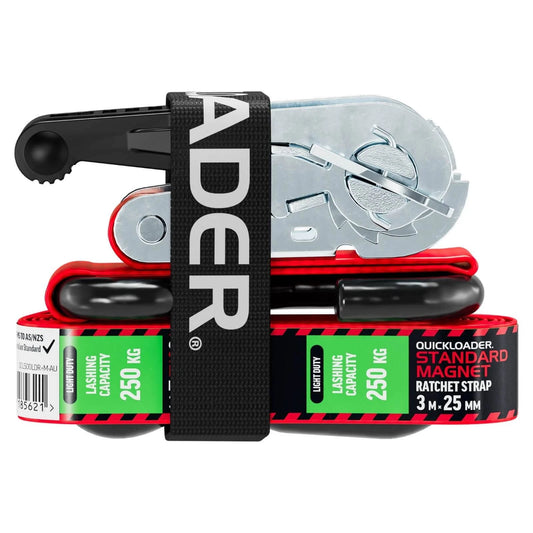 Quickloader 3m 500kg Magnet Tie Down Strap Ratchet, Durable Webbing, Secure S-Hooks