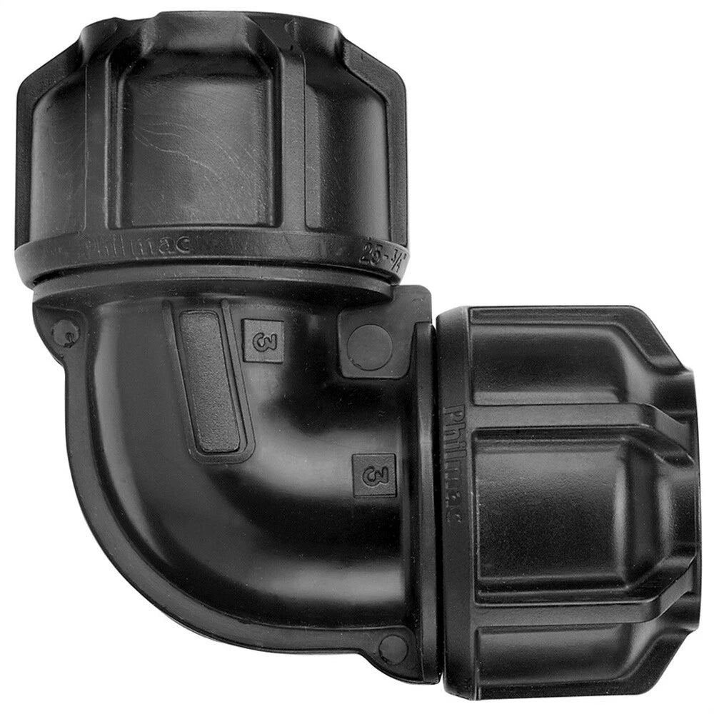 Philmac 25mm Metric Poly Pipe Elbow - Durable 90° Bend, PN16, Slide & Tighten