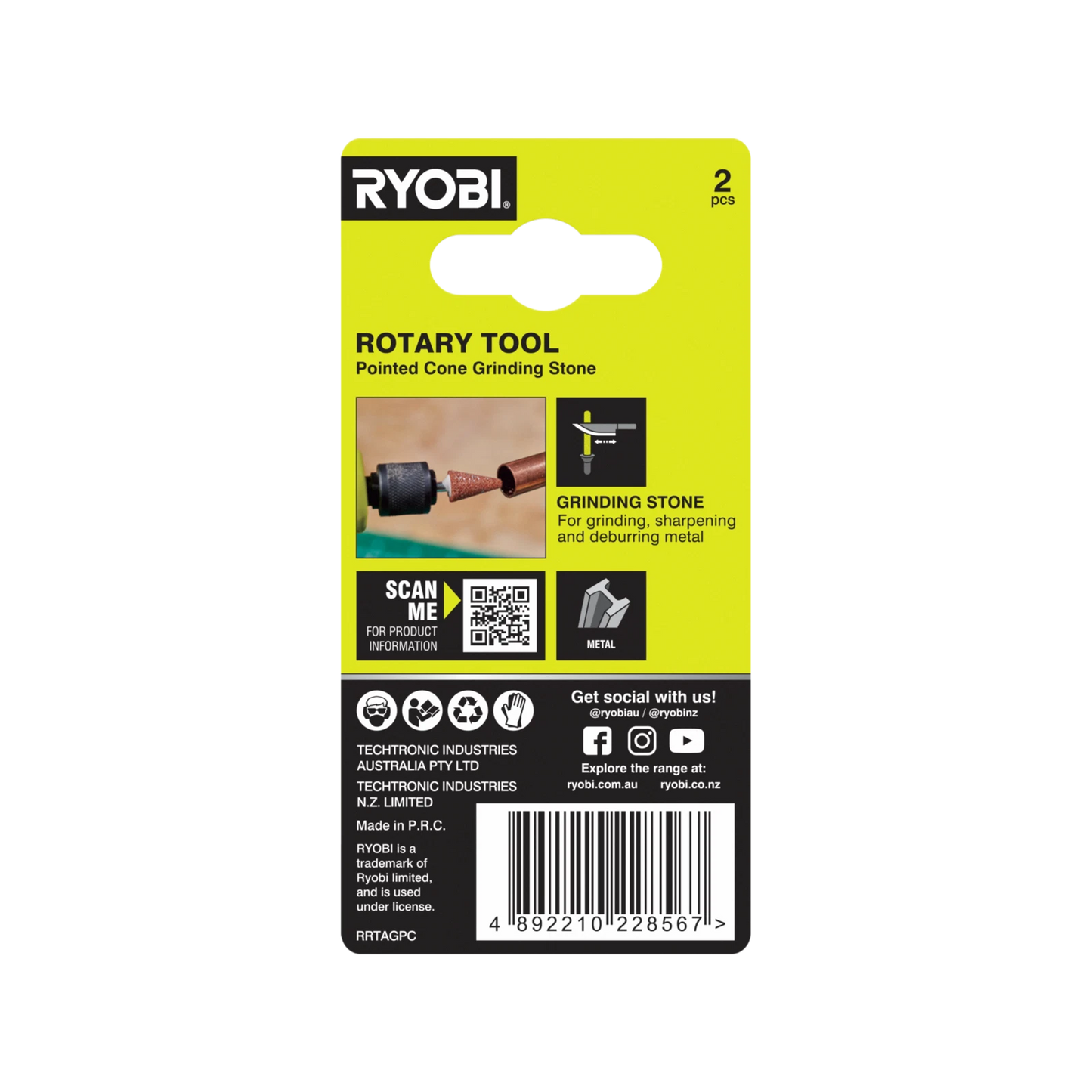 Ryobi 7.9mm Rotary Grinding Stone, Pointed-Cone, Aluminium Oxide, 3.2mm Shank, 35,000 RPM