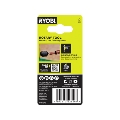 Ryobi 7.9mm Rotary Grinding Stone, Pointed-Cone, Aluminium Oxide, 3.2mm Shank, 35,000 RPM