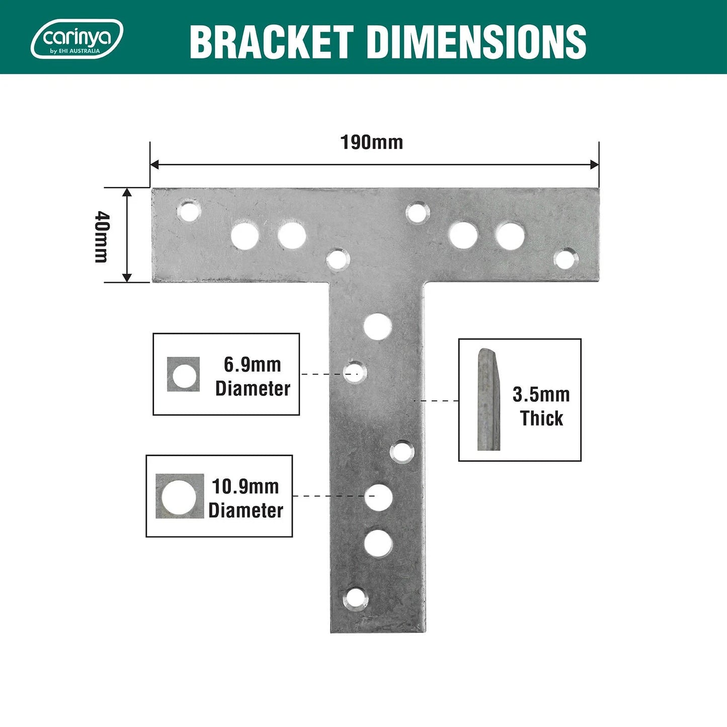 Carinya Zinc Plated T Shape Mending Plate 190x190x40x3.5mm, Reinforced Strength, Durable Steel