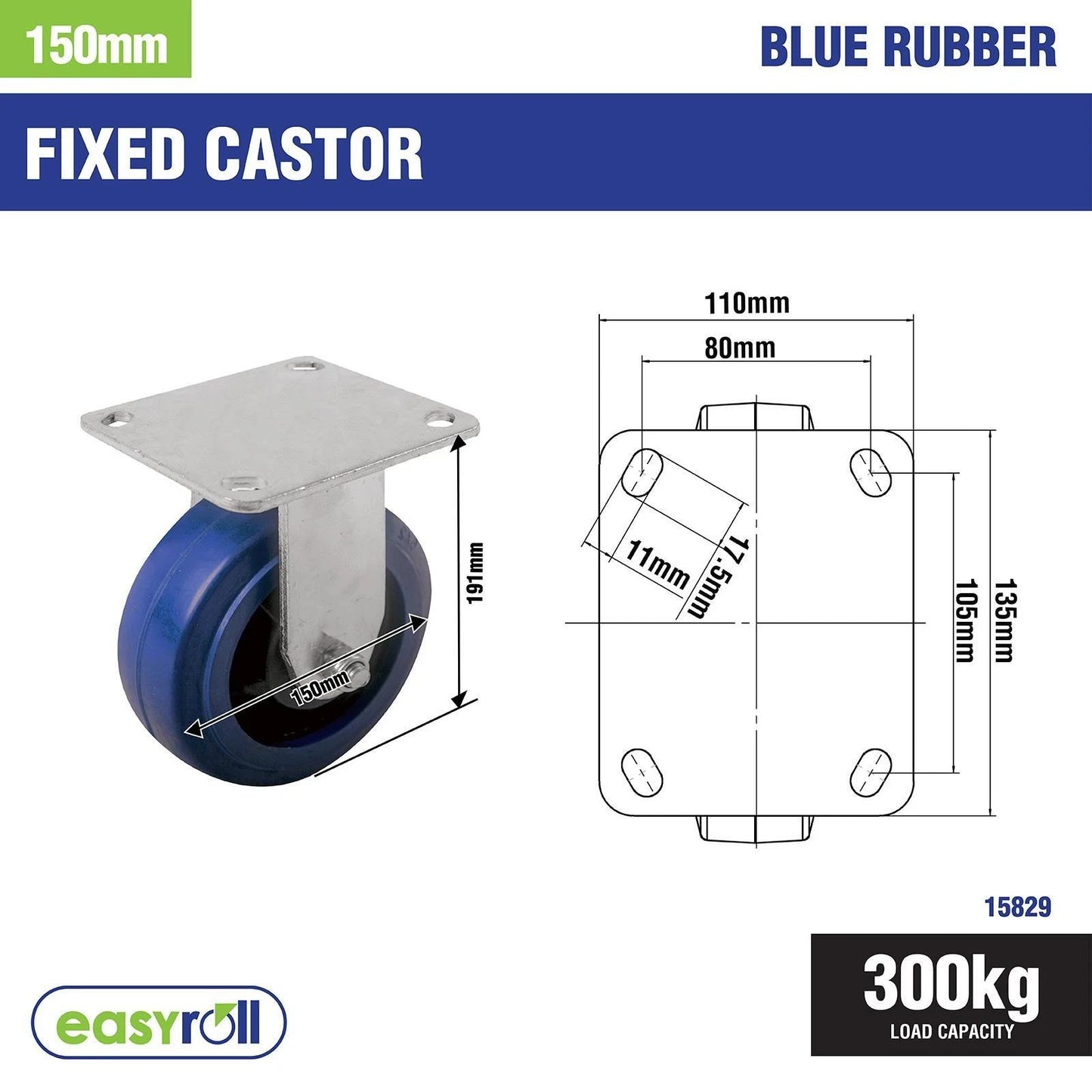 Easyroll 150mm 300kg Blue Elastic Rubber Fixed Plate Castor for Indoor Use