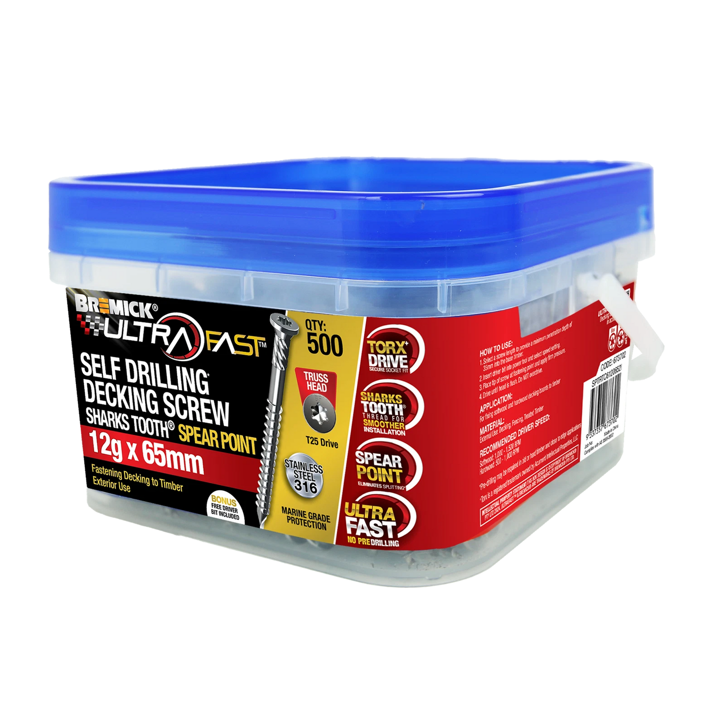 Bremick Ultrafast 12g x 65mm SS 316 T25 Truss Head Screws - 500 Pack