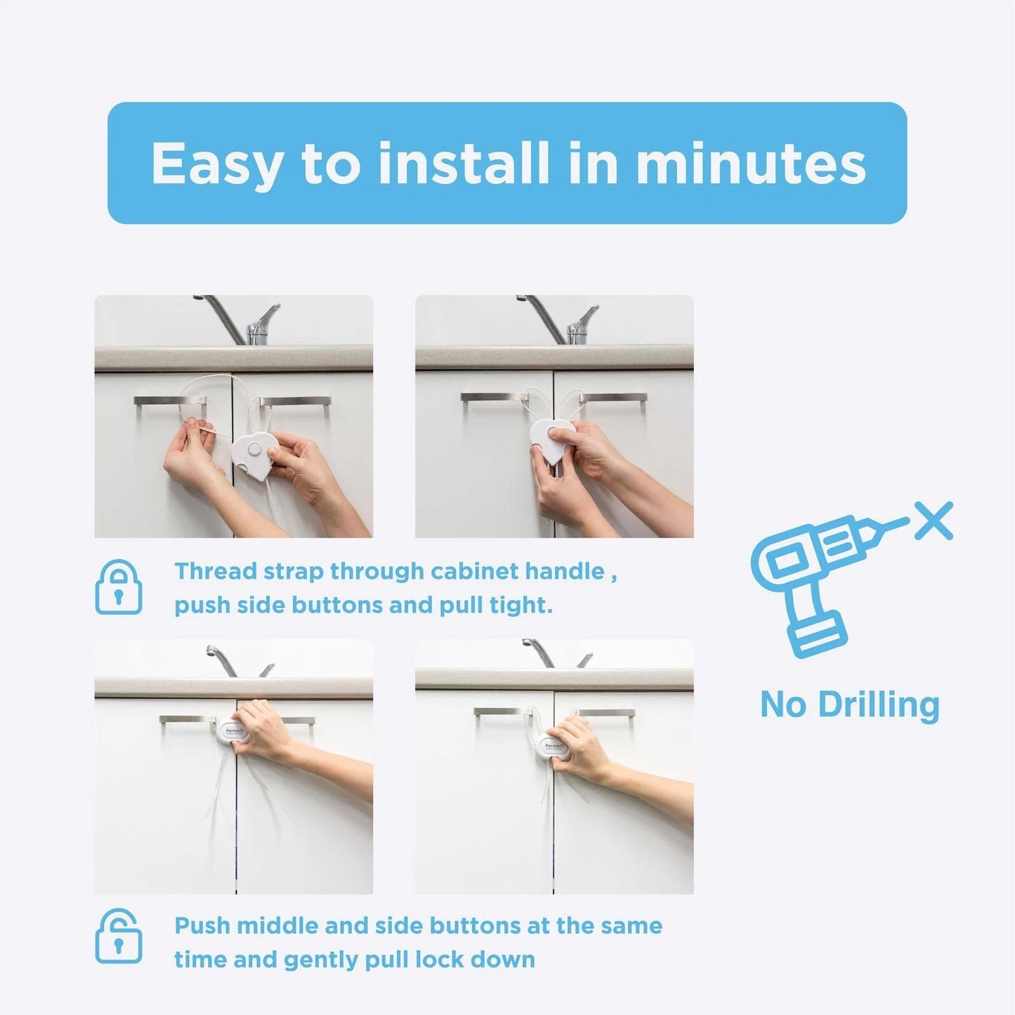 Perma Child Safety Adjustable Cabinet Locks 3 Pcs, Dual Movement Unlock, Non-Adhesive, White