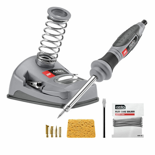 Ozito 30W Soldering Iron Kit with Fast Heat-Up, Workstation & Accessories