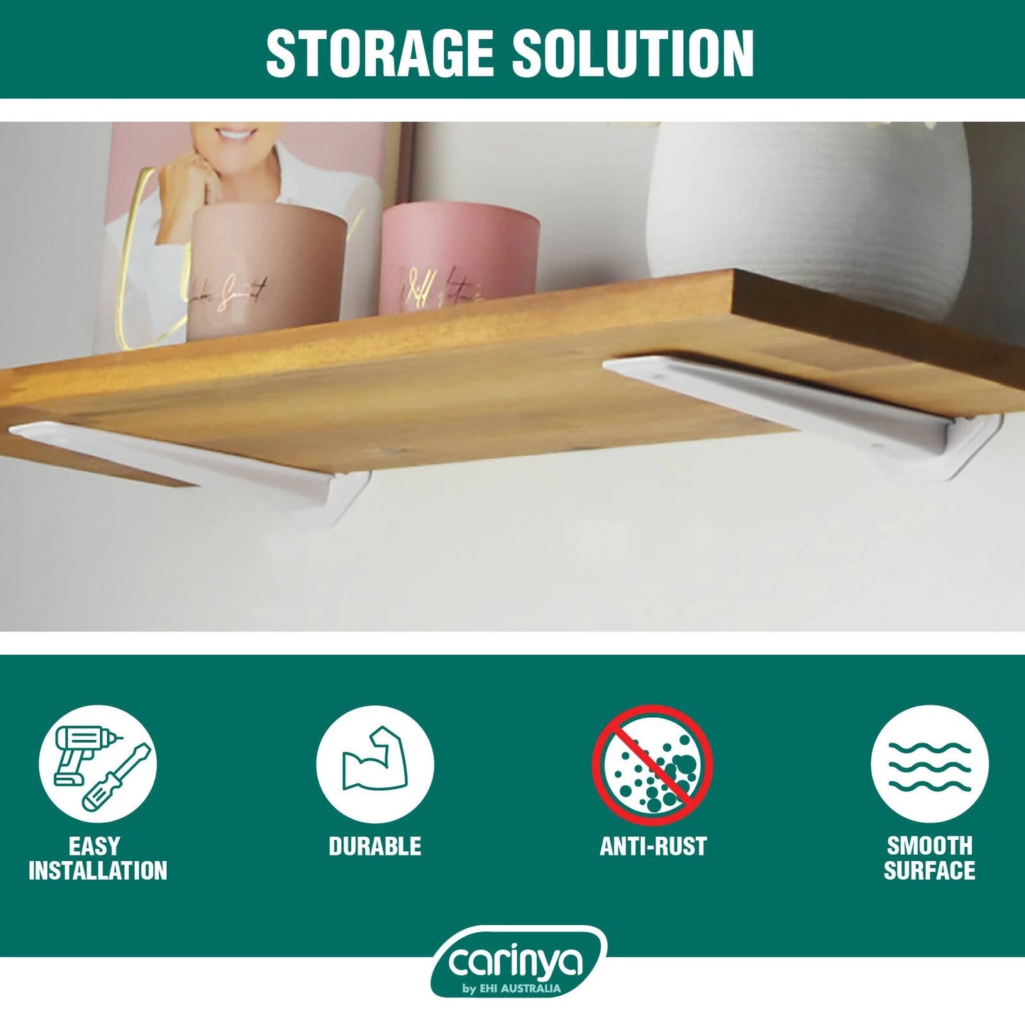 Carinya White Floating Shelf Bracket, 185x44mm, 50kg Load, Powder-Coated Steel, Indoor/Outdoor