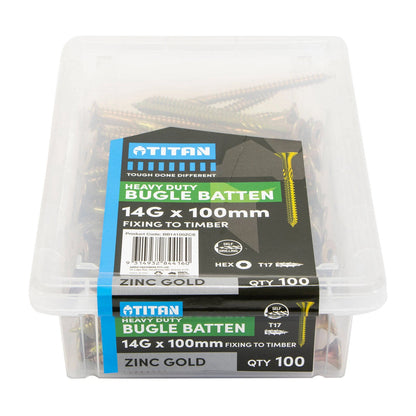 Titan 14G x 100mm Zinc Gold Timber Bugle Batten Screws - 100 Pack, Corrosion Resistant