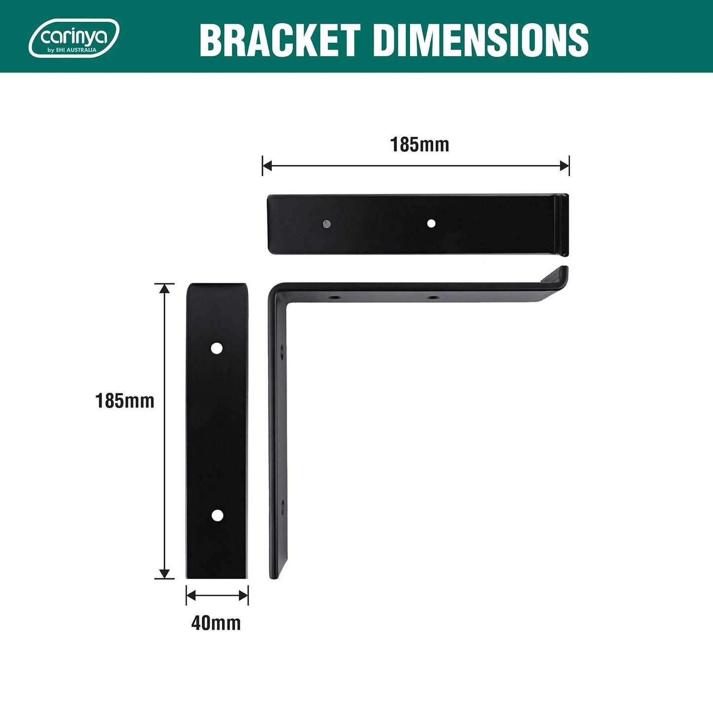 Carinya Black Lipped Angle Bracket 185x185mm, 100kg Load, Powder Coated Steel