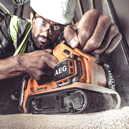AEG 18V Brushless 75mm Belt Sander, Quick-Release, Variable Speed, Lock-On Switch