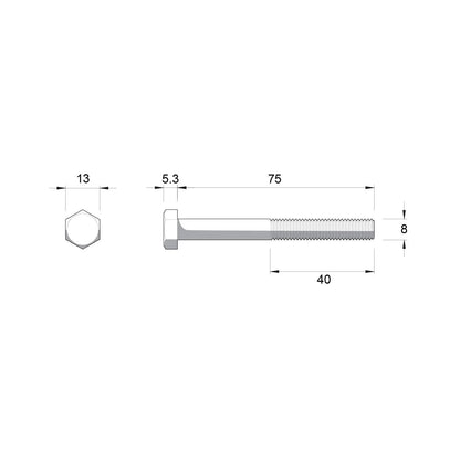 ZENITH M8 x 75mm Zinc Plated Hex Head Bolts & Nuts, Coarse Thread, Indoor Use