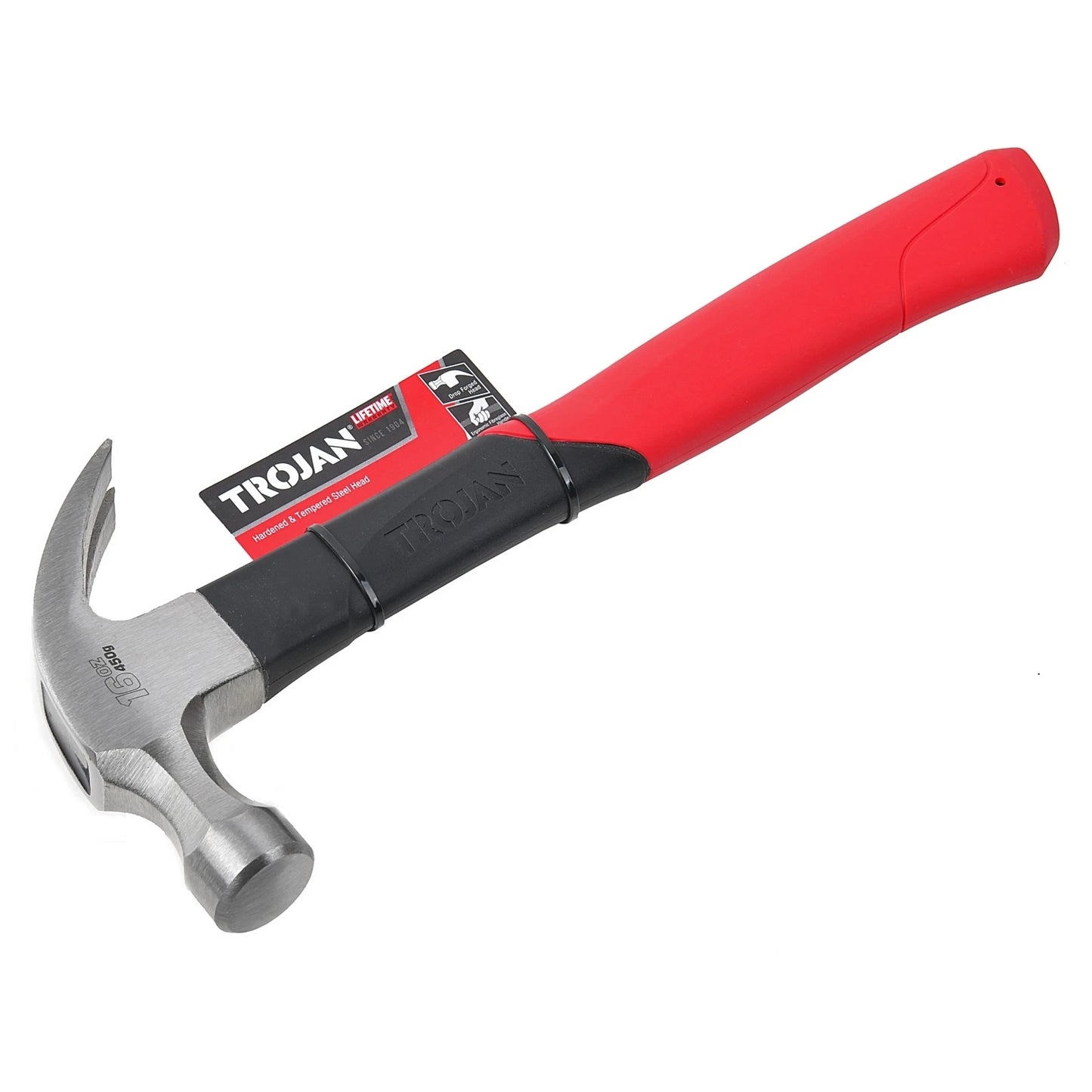 Trojan 16oz Fibreglass Claw Hammer - Induction Hardened Head, Lightweight Handle, Lifetime Warranty