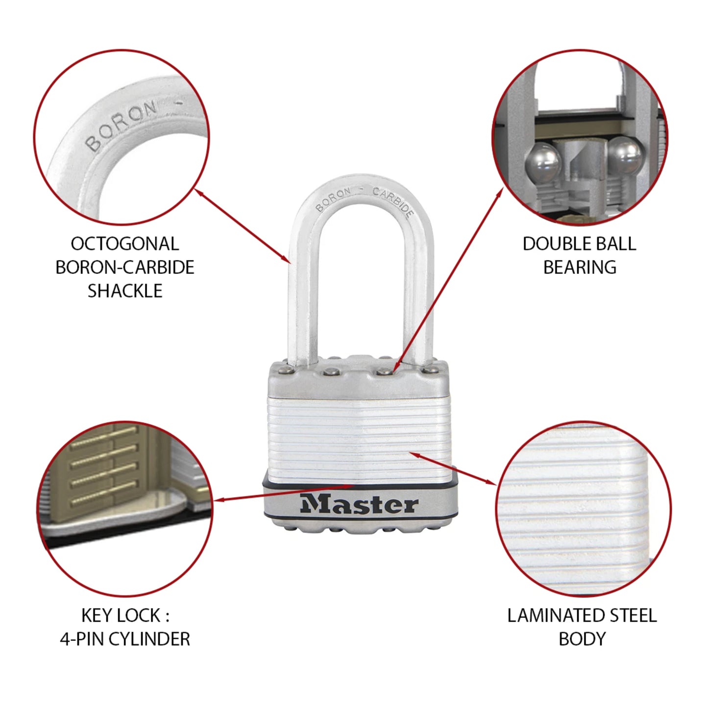 Master Lock 45mm Magnum Padlock 4 Pack, 38mm Long Shackle, Heavy-Duty, Weather Resistant