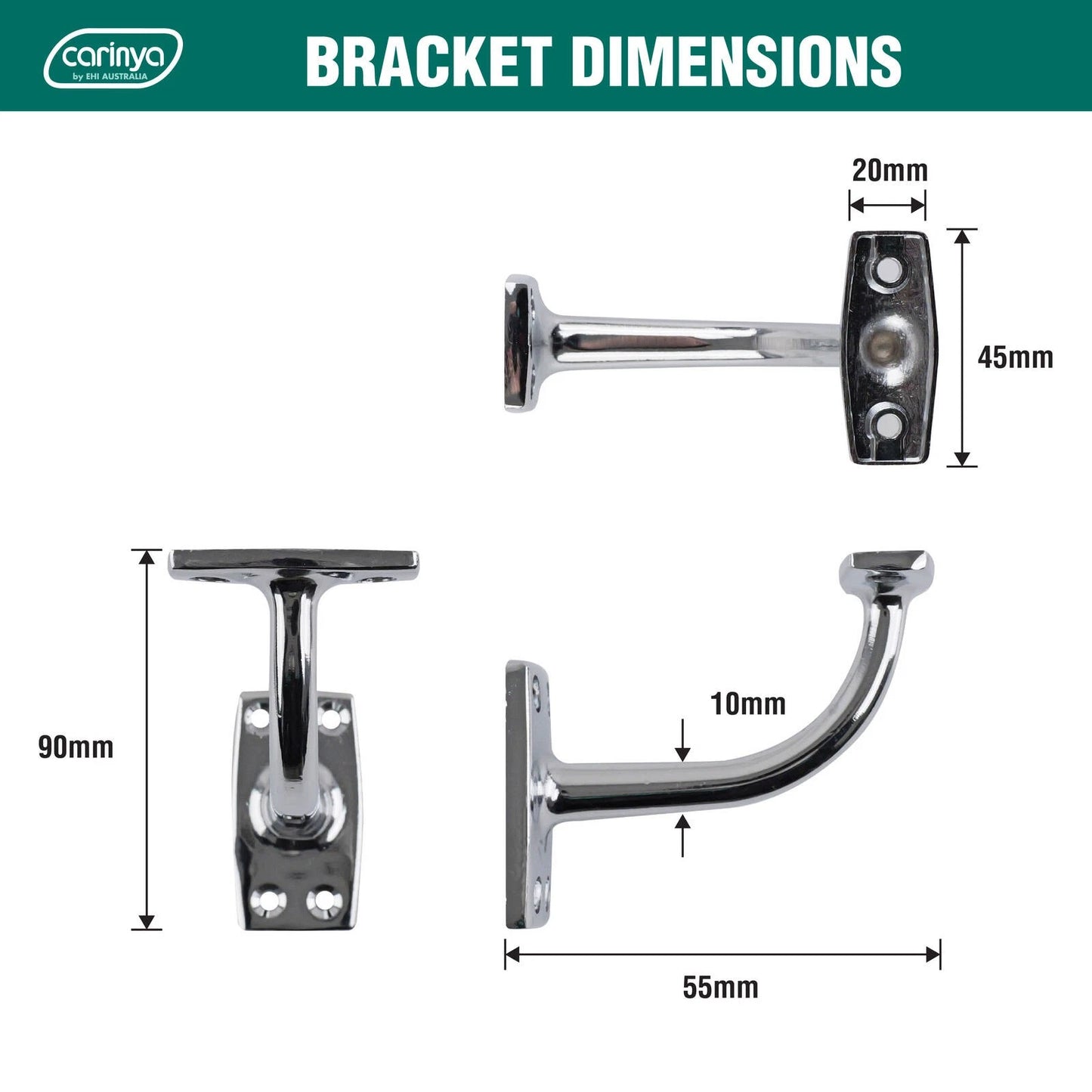 Carinya Chrome Flat Top Curved Handrail Bracket - Durable, Corrosion Resistant, Easy Install