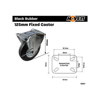 Move It 125mm 100kg Black Rubber Fixed Plate Castor for Industrial Use