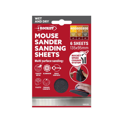 Rocket Mouse Sander Wet & Dry Sheets 6 Pack - Versatile, Ergonomic, Heat-Reducing