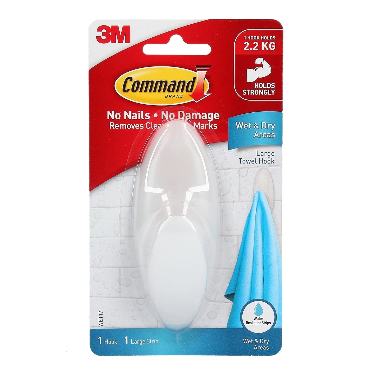Command™ Large White Adhesive Towel Hook - Damage-Free, Water Resistant, 2.2kg Capacity