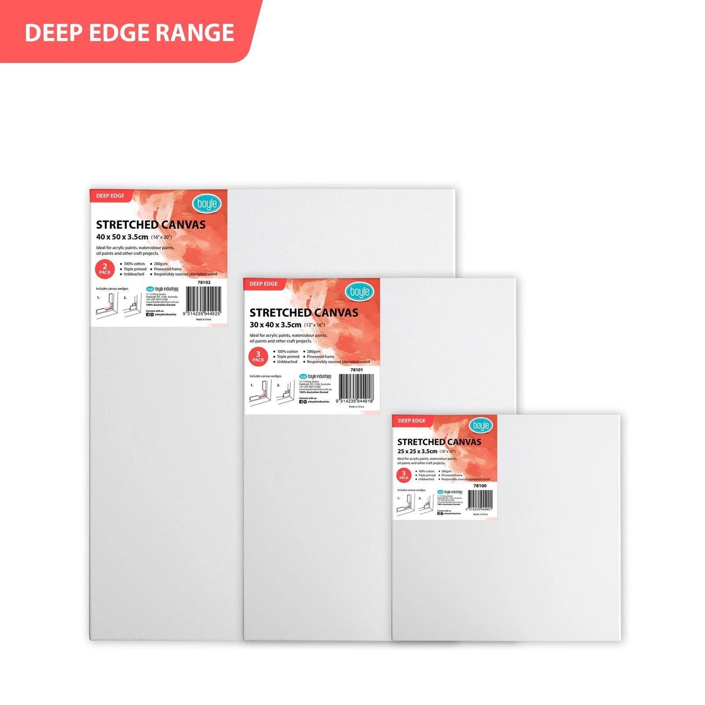 Boyle Deep Edge Stretched Canvas 30x40cm 3 Pack - 100% Cotton, Triple Primed, Multi-Medium