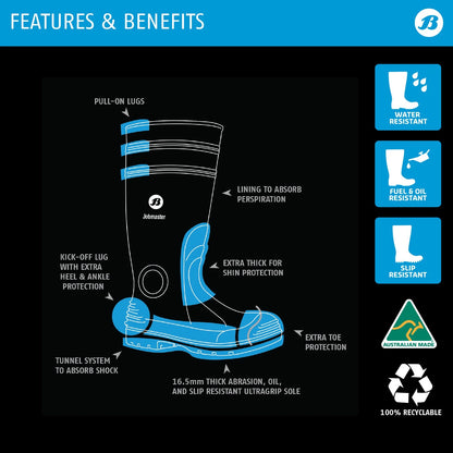 Bata Industrials Waterproof Knee Length Gumboots Size 9, Slip-Resistant, Australian Made