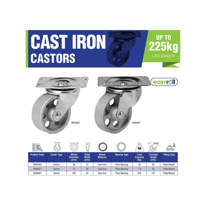 Easyroll 75mm Cast Iron Swivel Plate Castor, 115kg Load, Indoor Use, 360° Rotation