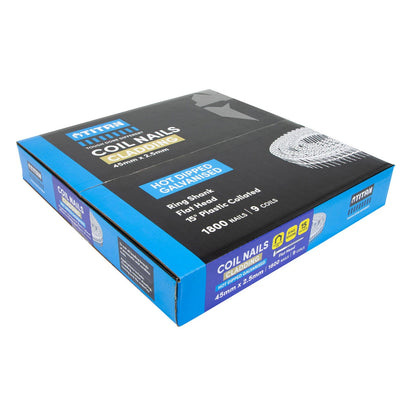 Titan 45x2.5mm Galvanised Coil Nails, 1800 Pack - 15° Angle, Diamond Point, Ring Shank