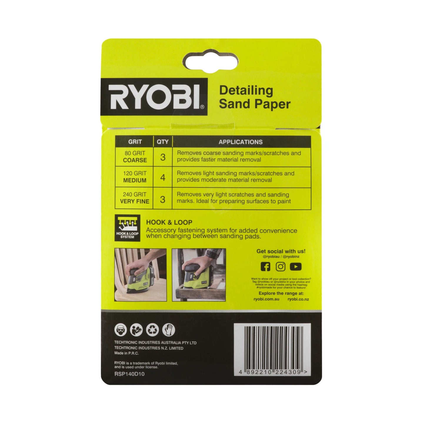 Ryobi 100x140mm 10-Piece Detail Sanding Set, 80/120/240 Grit, Hook & Loop, 6-Hole Design