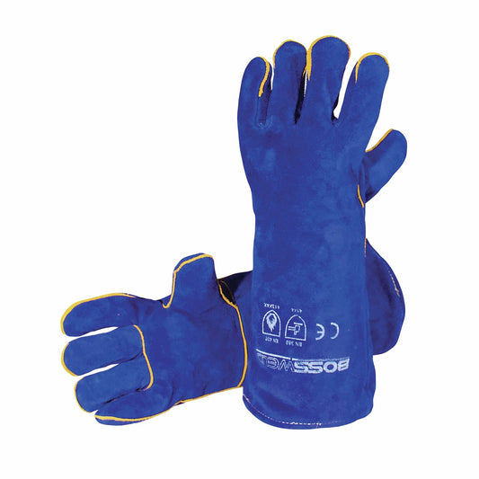 Bossweld 16" Blue Welding Gloves - Heavy Duty, Fully Lined, Extra Length, Premium Leather