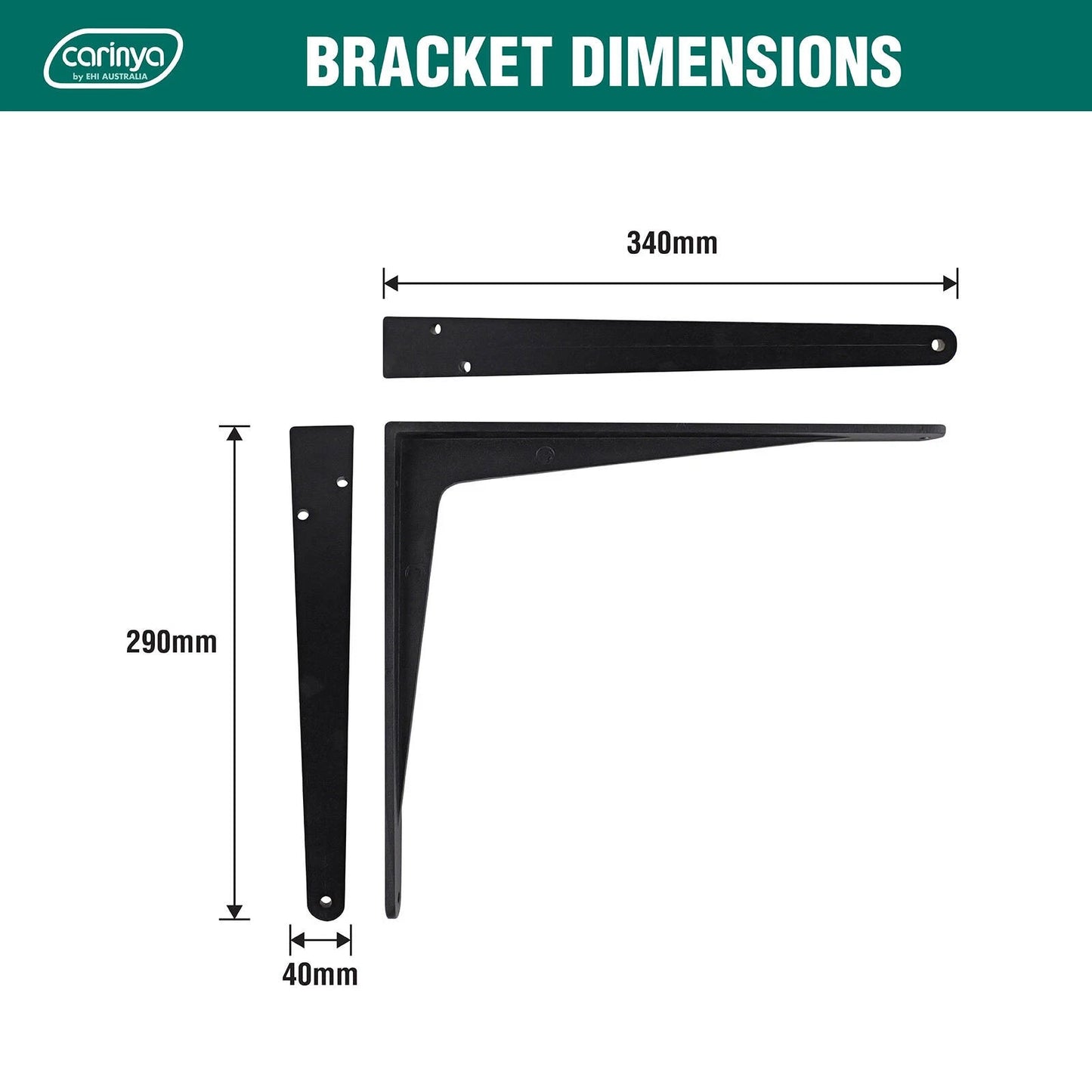 Carinya Black Heavy Duty 340x290mm Cast Aluminium Angle Bracket 150kg Load Capacity