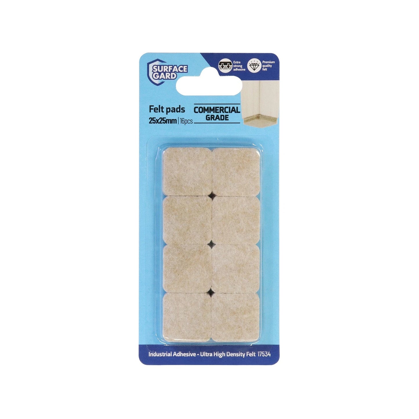 Surface Gard Beige Adhesive Felt Pads 25x25mm - 16 Pack, Noise Reduction & Surface Protection