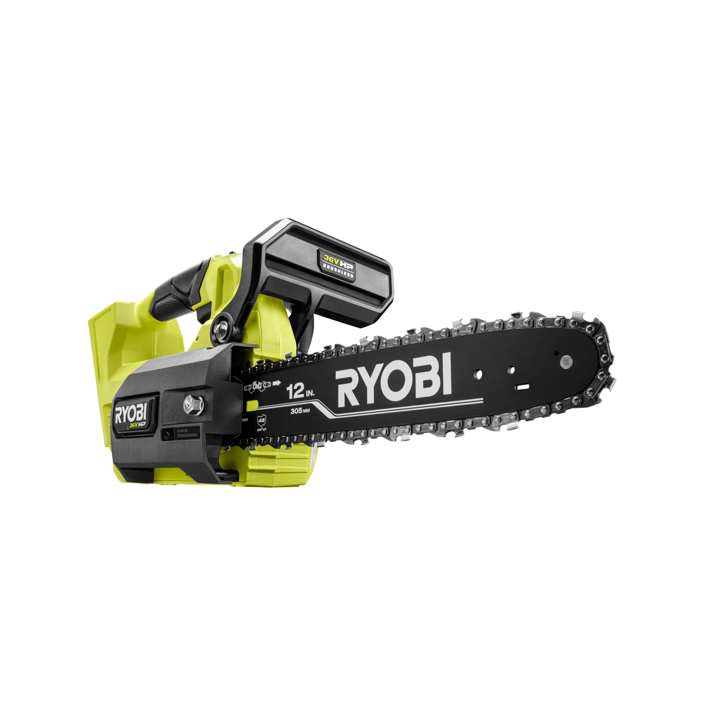 Ryobi 36V HP Brushless 12" Top Handle Chainsaw, Cordless, Fast Cutting, Safety Features