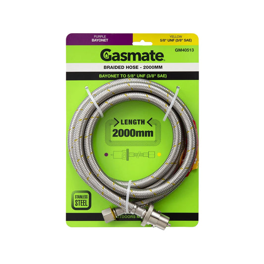 Gasmate 2000mm Braided Hose - Bayonet to 5/8" UNF (3/8" SAE) Stainless Steel