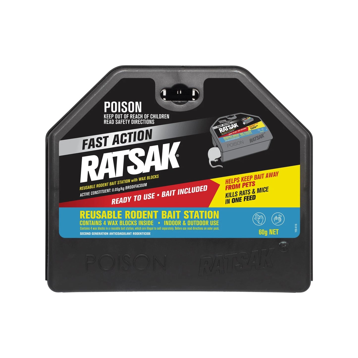 RATSAK Fast Action Reusable Rodent Bait Station with Wax Blocks, Indoor/Outdoor Use