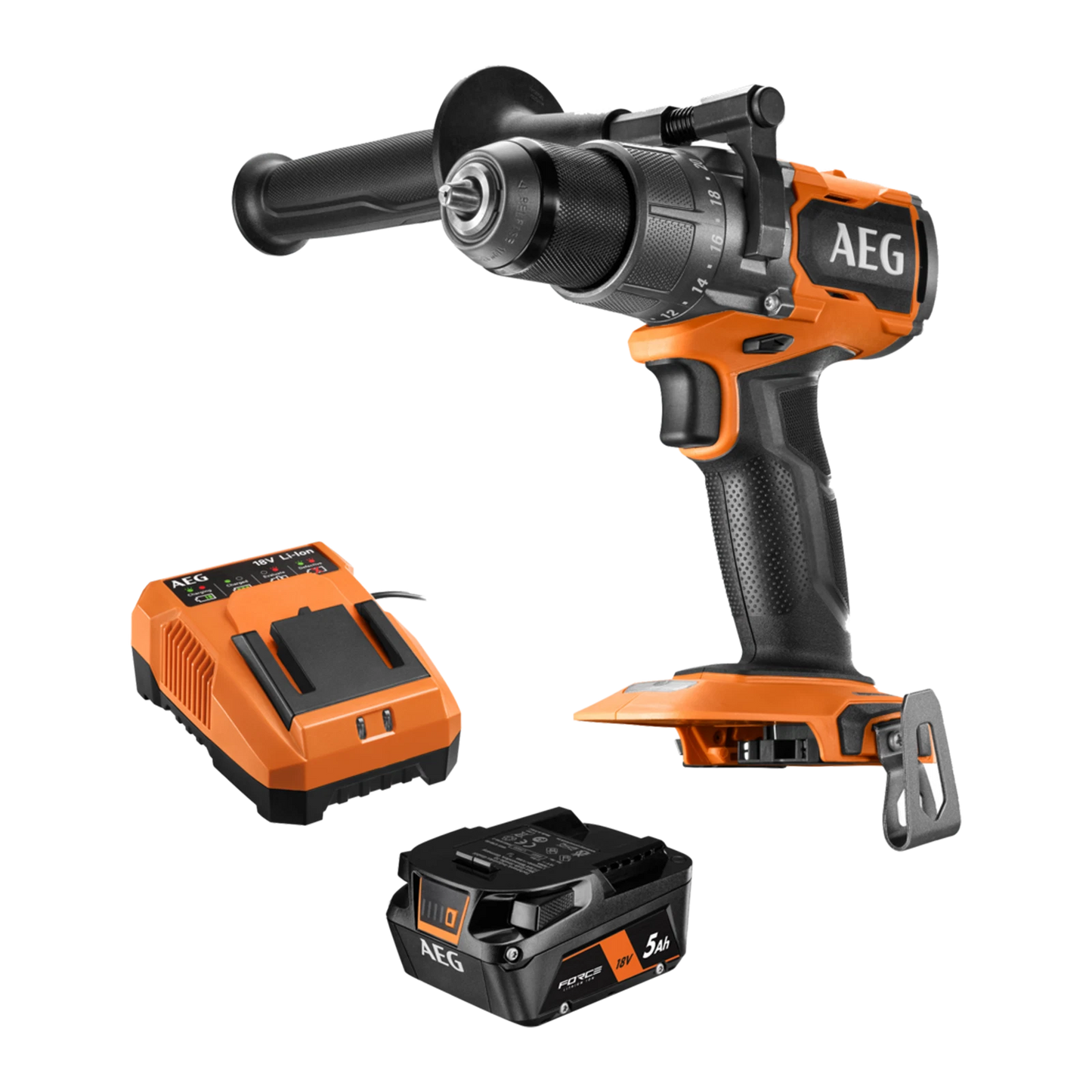 AEG 18V Brushless Hammer Drill Kit, 2-Speed, 5.0Ah Battery, LED Light, All-Metal Chuck