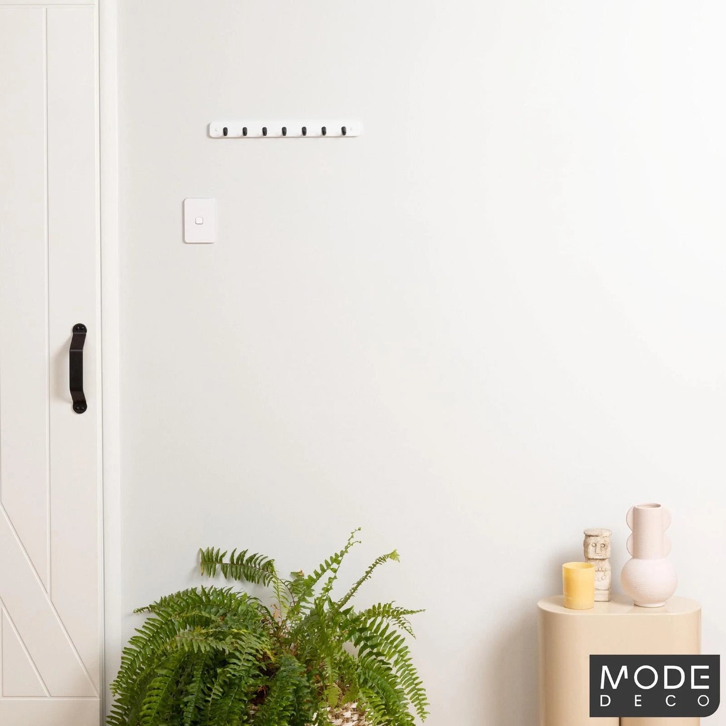 MODE 7 Key Rack with Black Hooks on White Board, Decorative & Durable Design
