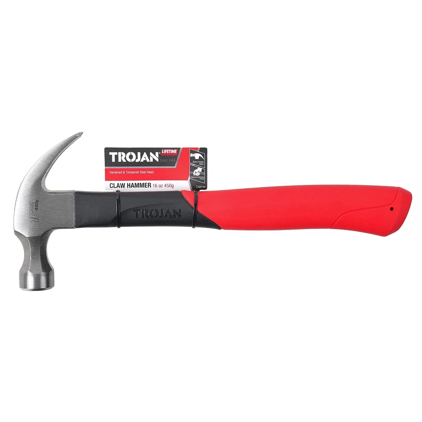 Trojan 16oz Fibreglass Claw Hammer - Induction Hardened Head, Lightweight Handle, Lifetime Warranty