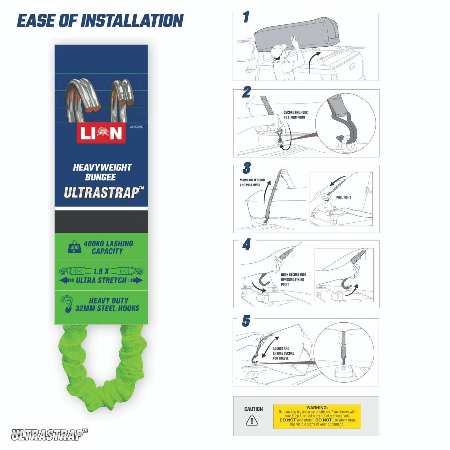 Lion Ultra Strap 55-100cm Heavy-Duty Tie Down, 800kg Break Strength, AS/NZS 4380 Compliant