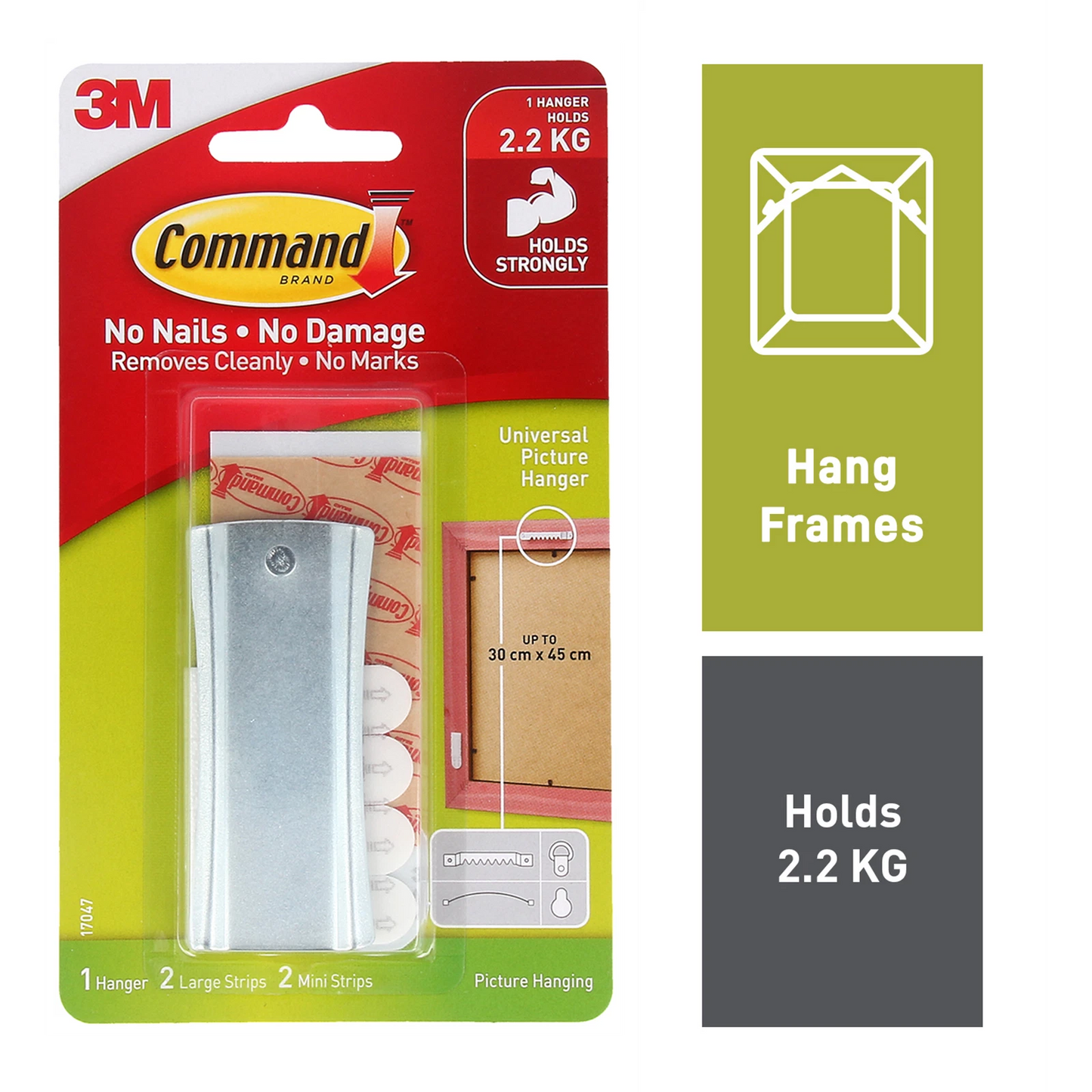 Command™ Large Metal Adhesive Picture Hanger, Damage-Free, Supports 2.2kg, Silver, 1 Pack