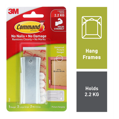 Command™ Large Metal Adhesive Picture Hanger, Damage-Free, Supports 2.2kg, Silver, 1 Pack