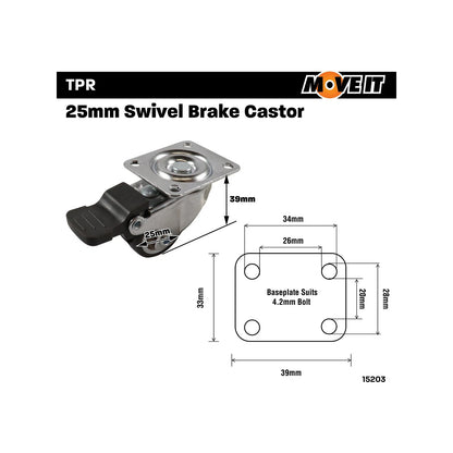 Move It 25mm Rubber Swivel Castor with Brake, 10kg Load, Shock Absorbing, Low Height