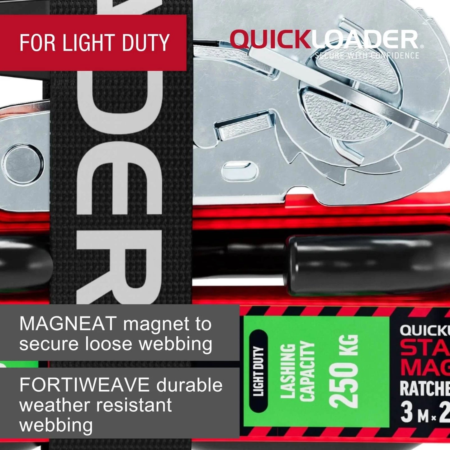Quickloader 3m 500kg Magnet Tie Down Strap Ratchet, Durable Webbing, Secure S-Hooks