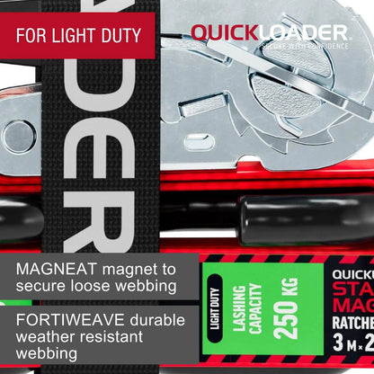 Quickloader 3m 500kg Magnet Tie Down Strap Ratchet, Durable Webbing, Secure S-Hooks