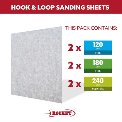 Rocket Non Clog Sanding Sheets 280x230mm Hook & Loop, Assorted Grits, Versatile Use