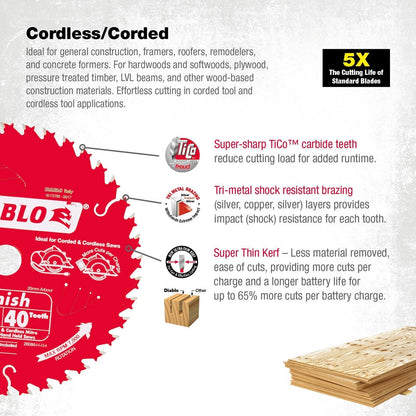Diablo 165mm 60T Ultra Finish Circular Saw Blade, TiCo Carbide, Non-Stick Coating