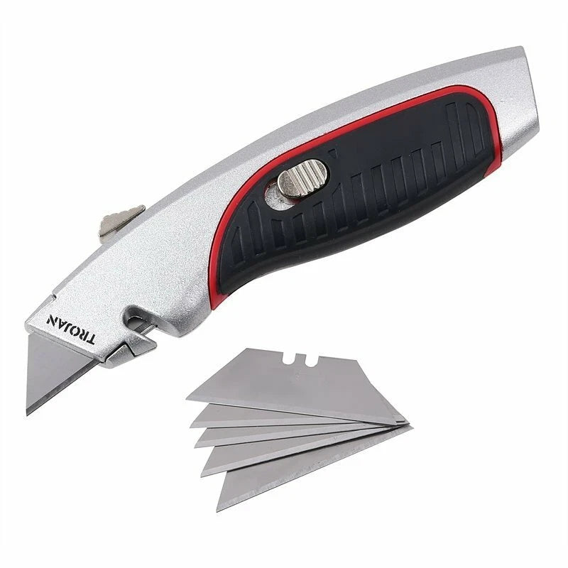 Trojan Quick Change Retractable Utility Knife with Strap Cutter & 5 Blades, Lifetime Warranty