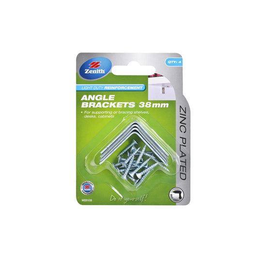 Zenith 38mm Zinc Plated Angle Brackets 4 Pack - Corrosion Resistant, Easy Installation