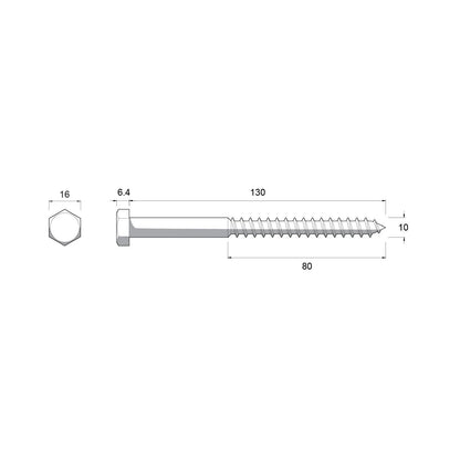 ZENITH M10 x 130mm Galvanised Hex Head Coach Screws, Corrosion Resistant